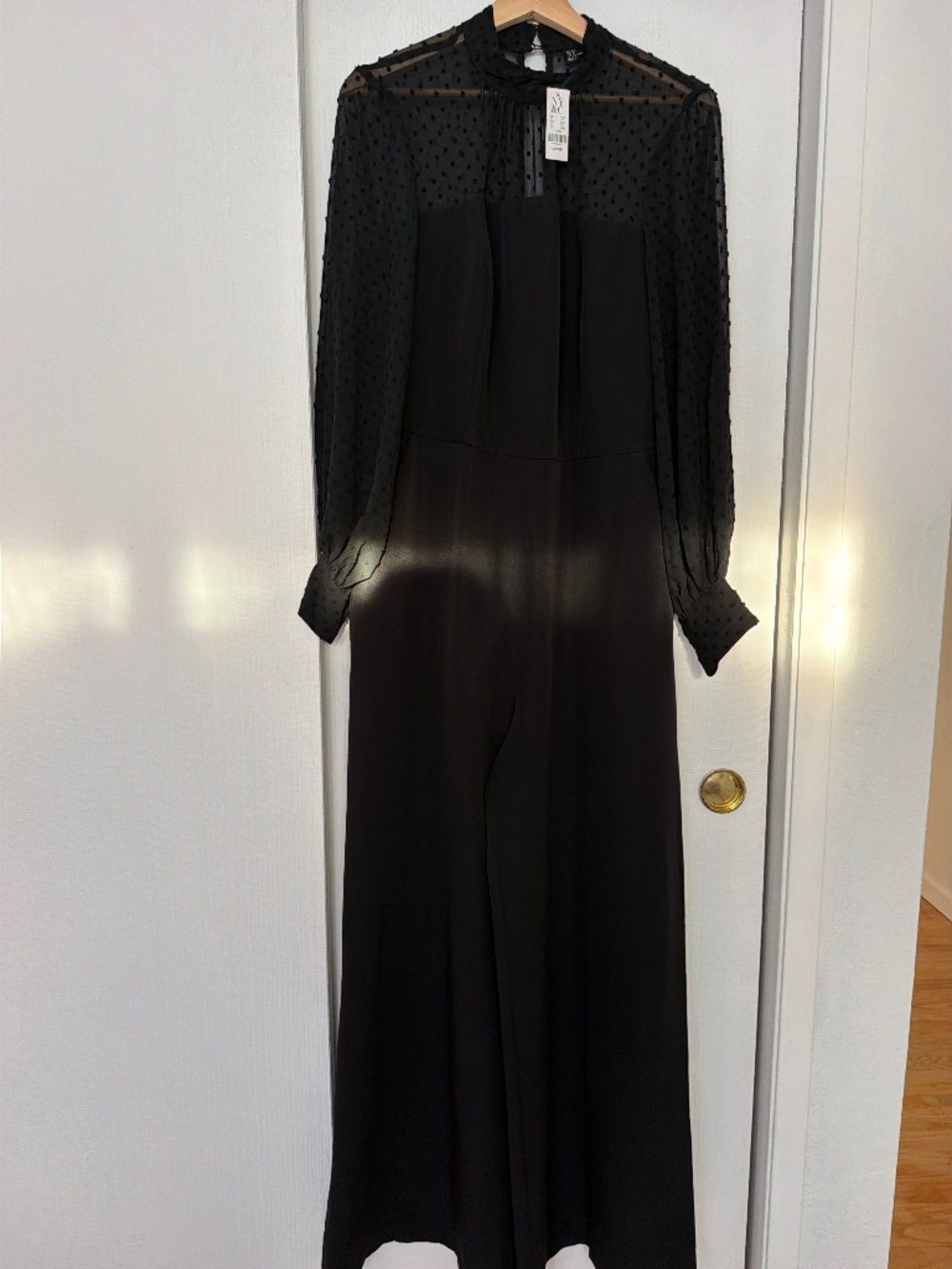 New York & Company Black Sheer Sleeve Wide Leg Jumpsuit Size L NWT